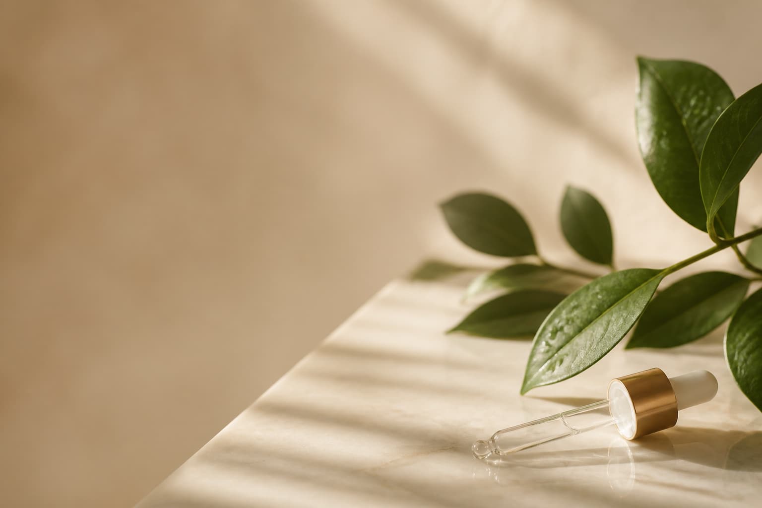 Skincare bottles on marble in soft morning light