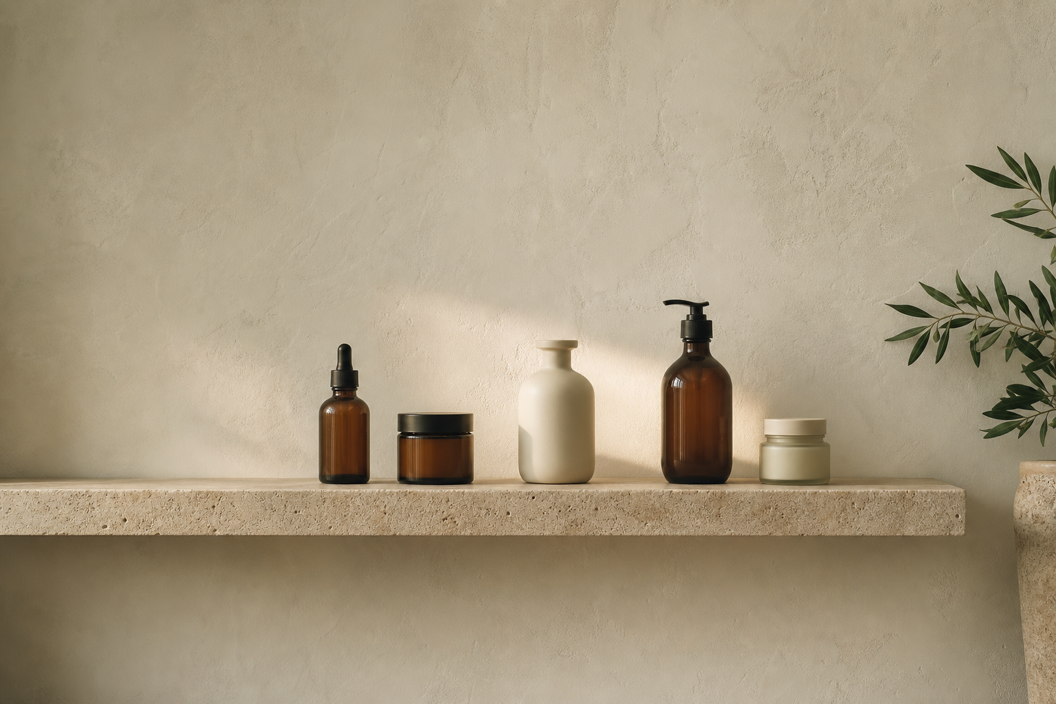 A shelf of BelieveIN bottles and jars